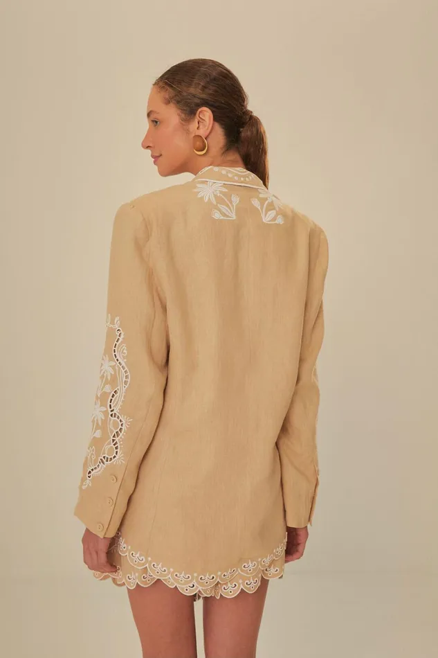 Women Khaki Embroidered Euroflax Premium Linen Blazer Khaki FARM Rio Blazers