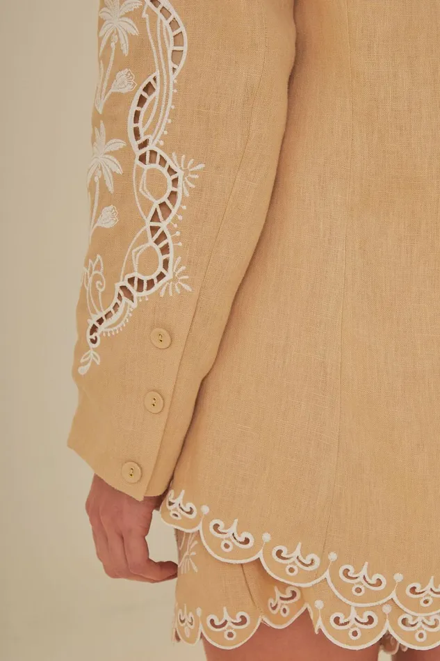 Women Khaki Embroidered Euroflax Premium Linen Blazer Khaki FARM Rio Blazers