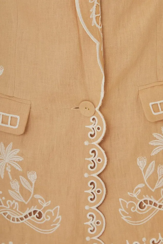 Women Khaki Embroidered Euroflax Premium Linen Blazer Khaki FARM Rio Blazers
