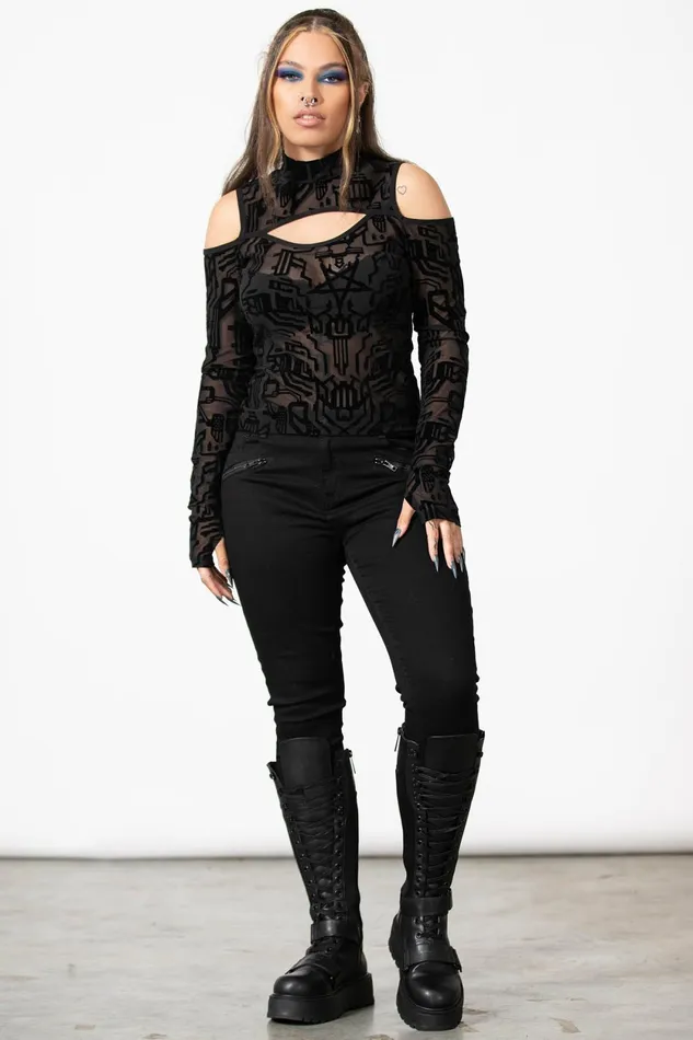 Women Long Sleeves Killstar Tuned Out Mesh Cold Shoulder Top