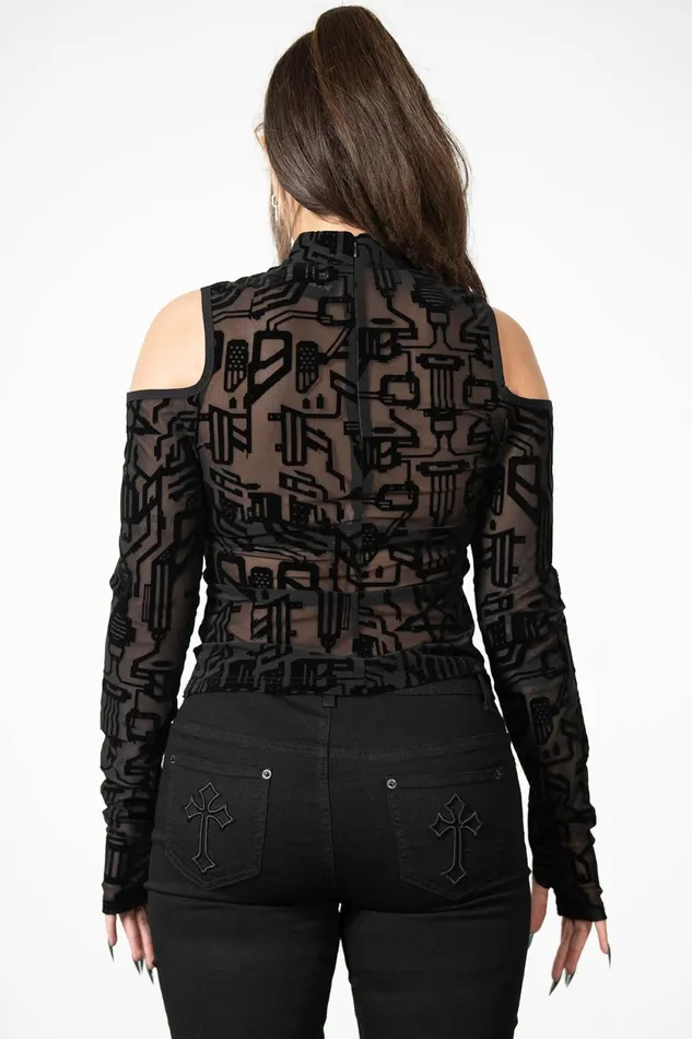 Women Long Sleeves Killstar Tuned Out Mesh Cold Shoulder Top
