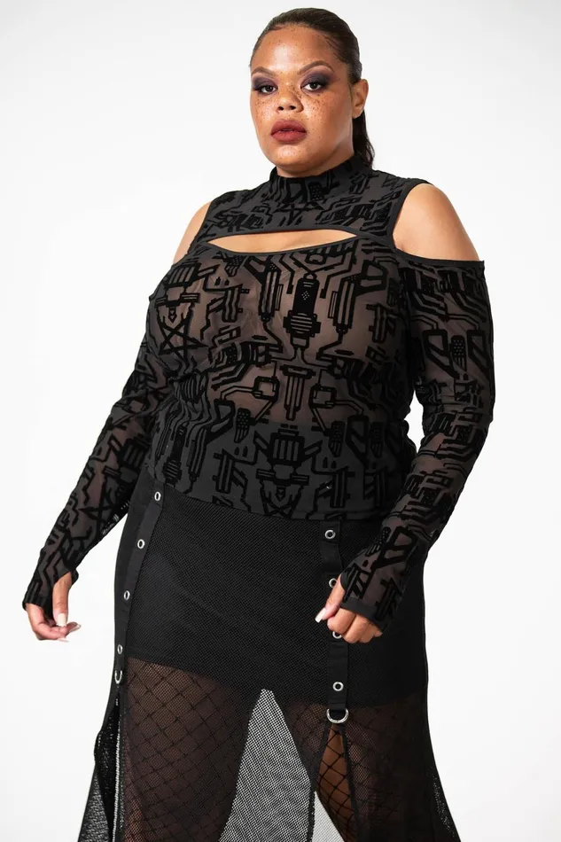 Women Long Sleeves Killstar Tuned Out Mesh Cold Shoulder Top