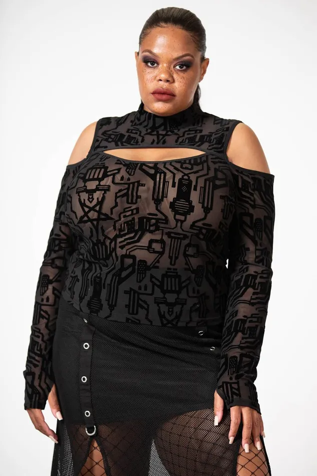 Women Long Sleeves Killstar Tuned Out Mesh Cold Shoulder Top