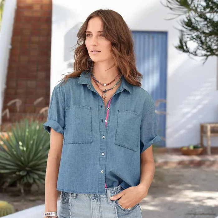 Women Mara Chambray Camp Shirt Chambray Sundance Catalog Tops