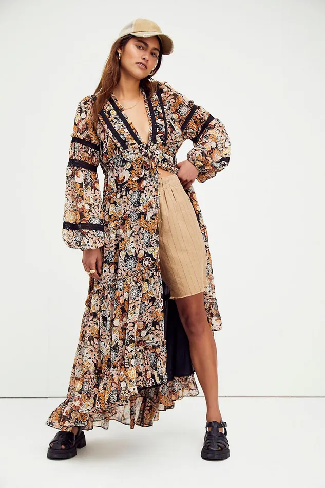 Women Maxi Dresses Free People Cassis Printed Chiffon Dress Onyx Combo