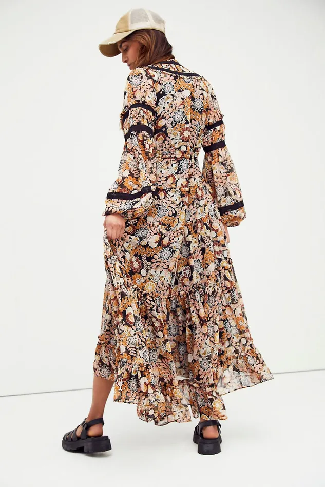 Women Maxi Dresses Free People Cassis Printed Chiffon Dress Onyx Combo