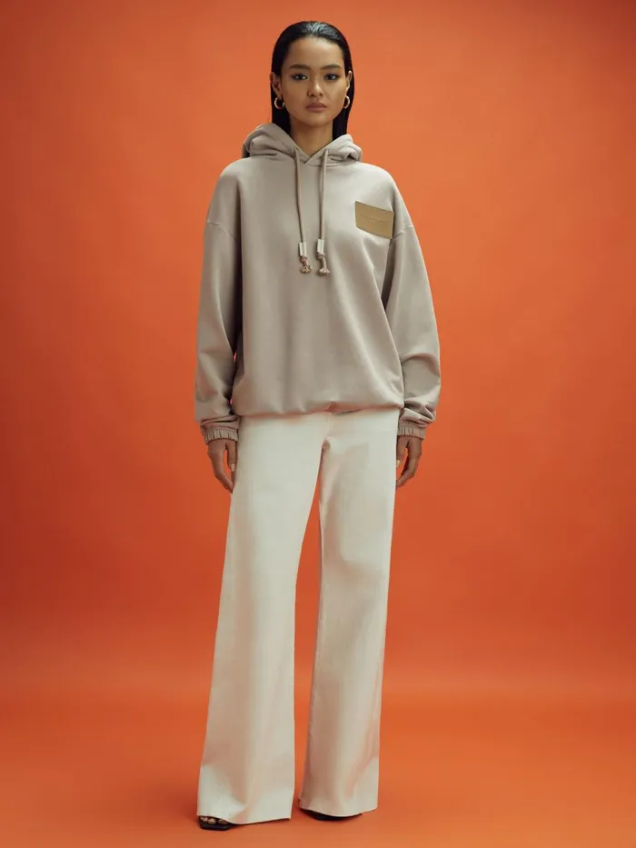 WomenMen Reiss Tops F1 Leather Patch Drawstring Hoodie Taupe