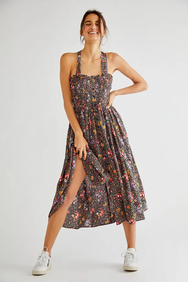 Women Midi Dresses Free People Smocking Button Down Dress Bright Field