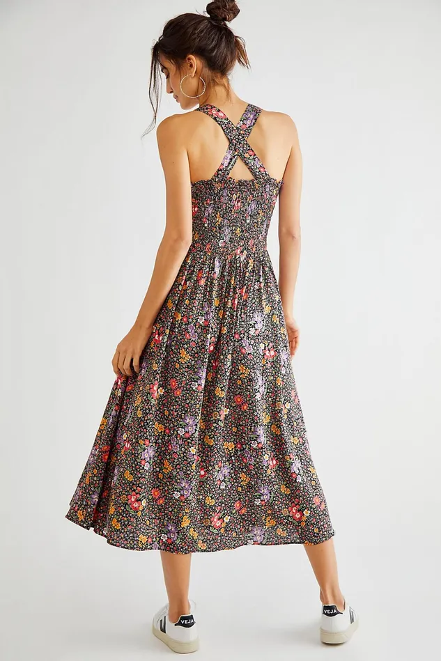 Women Midi Dresses Free People Smocking Button Down Dress Bright Field