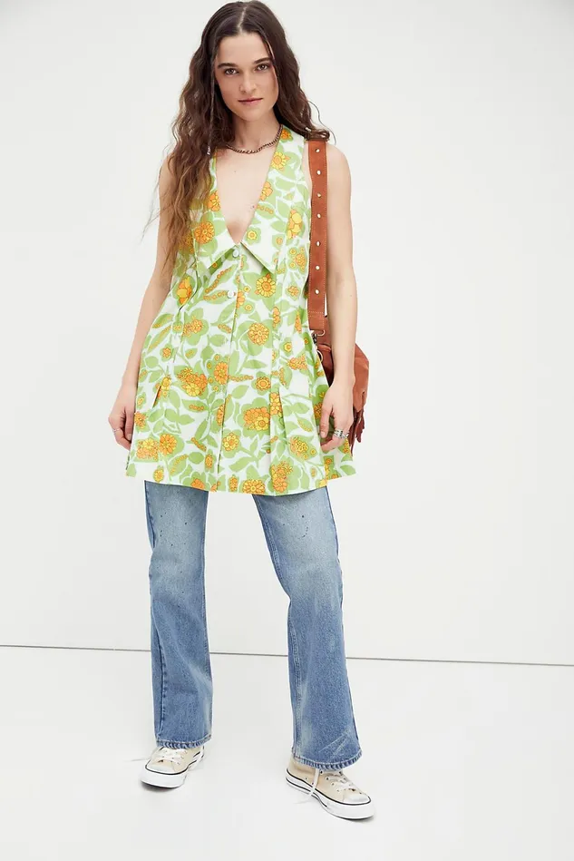 Women Mini Dresses Free People Katie Printed Dress Retro Green Combo