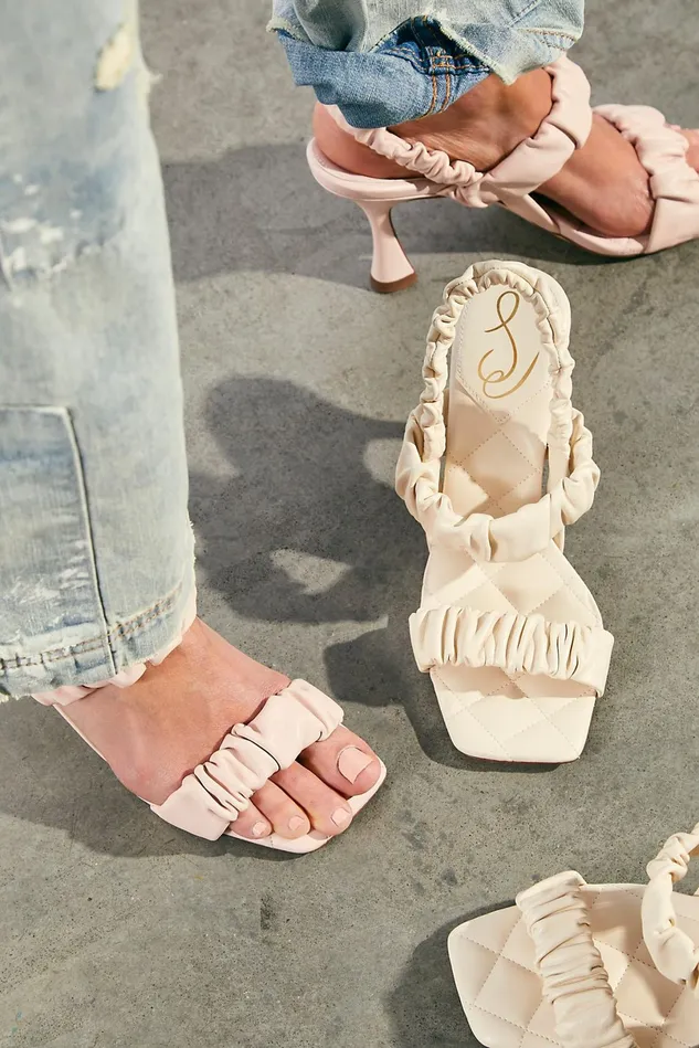 Women Mules Free People Marlena Padded Ruffle Heels Pale Crystal Pink