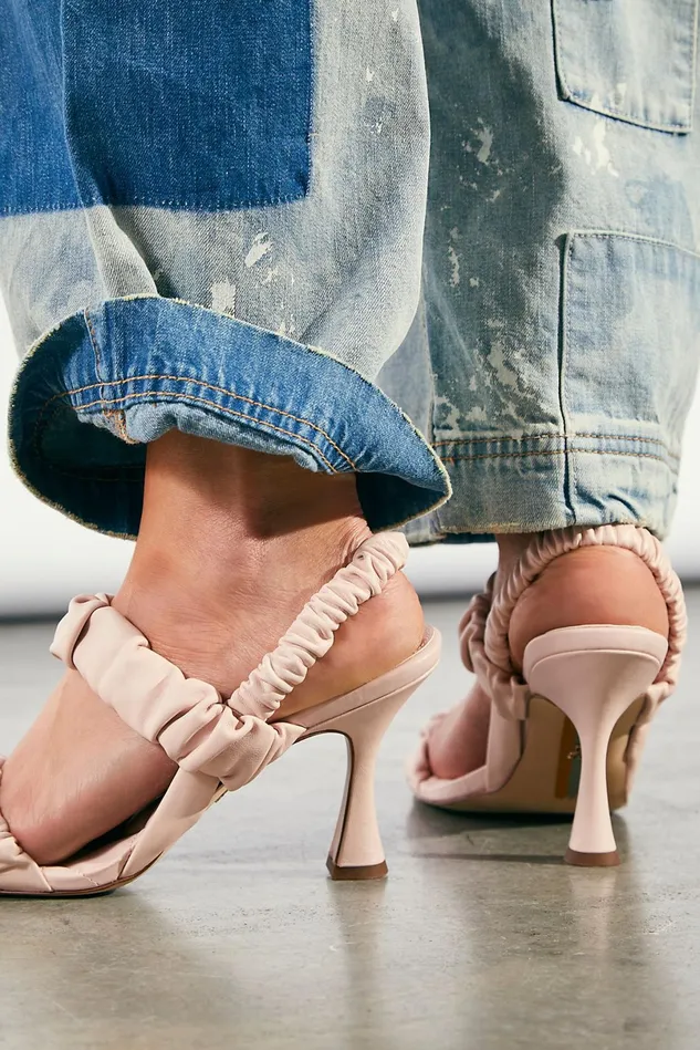Women Mules Free People Marlena Padded Ruffle Heels Pale Crystal Pink