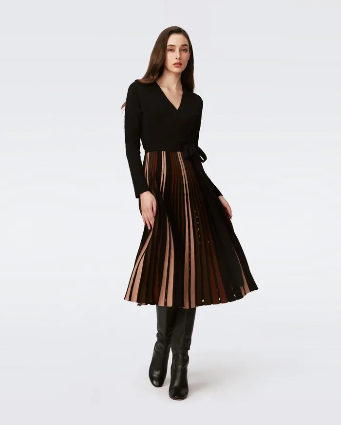 Women Ollie Knit Wrap Dress Knitsun Pleats Camel And Brown And Black DVF Dresses