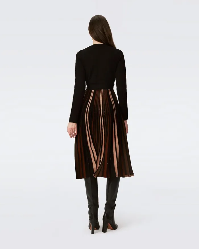 Women Ollie Knit Wrap Dress Knitsun Pleats Camel And Brown And Black DVF Dresses