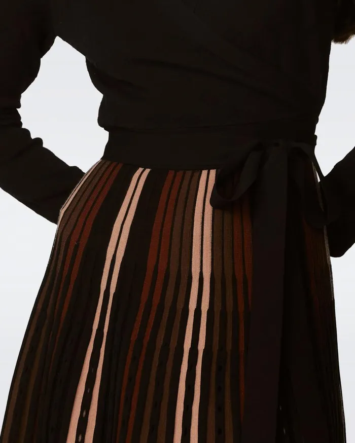 Women Ollie Knit Wrap Dress Knitsun Pleats Camel And Brown And Black DVF Dresses