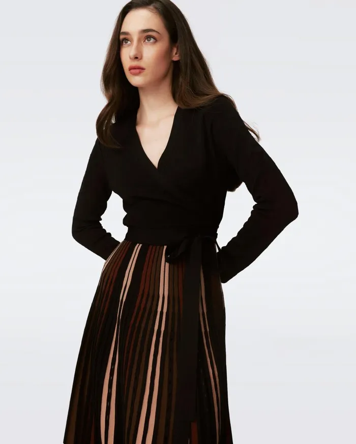 Women Ollie Knit Wrap Dress Knitsun Pleats Camel And Brown And Black DVF Dresses