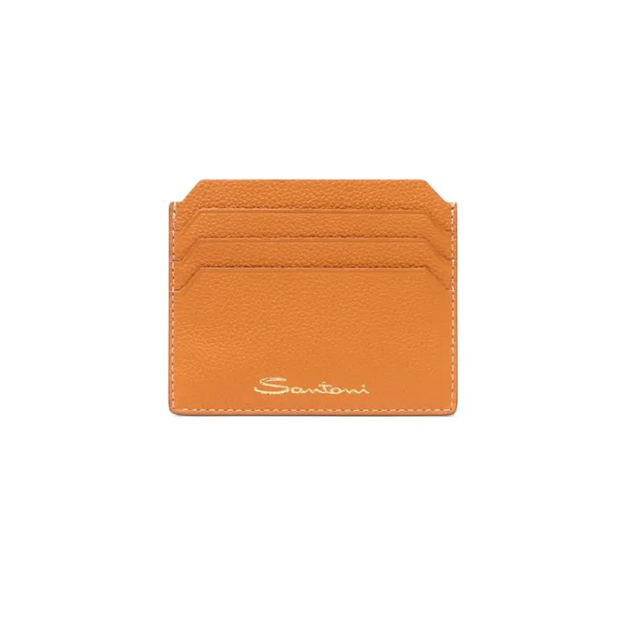 Women Orange Tumbled Leather Credit Card Holder Santoni Small Leather Goods