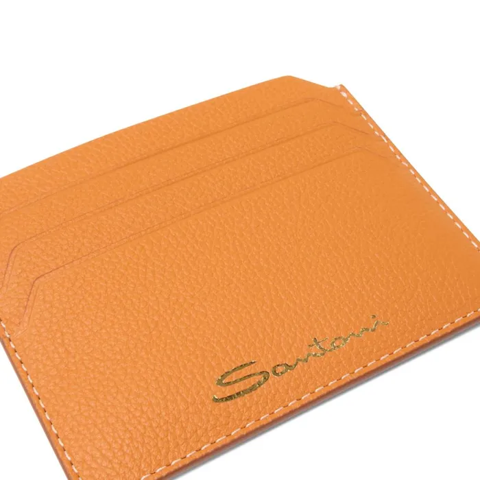 Women Orange Tumbled Leather Credit Card Holder Santoni Small Leather Goods