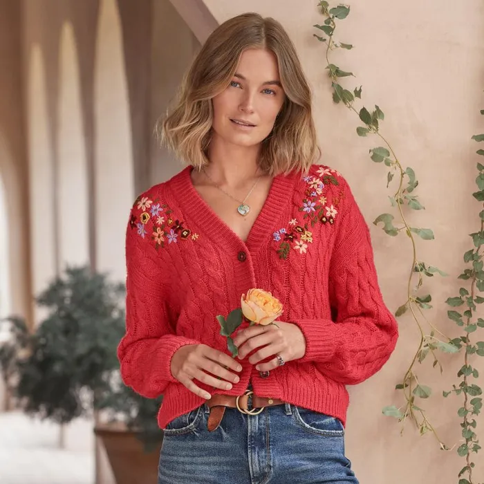 Women Pocket Of Posies Cardigan Strawberry Sundance Catalog Sweaters
