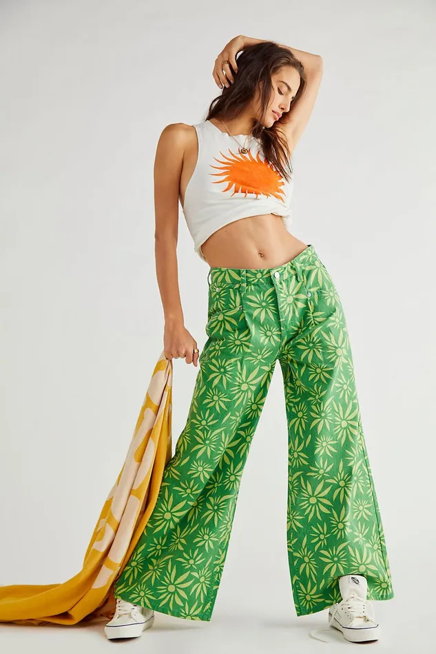 Women Printed Jeans Free People Oversized Slouchy Printed Jeans Lime Combo