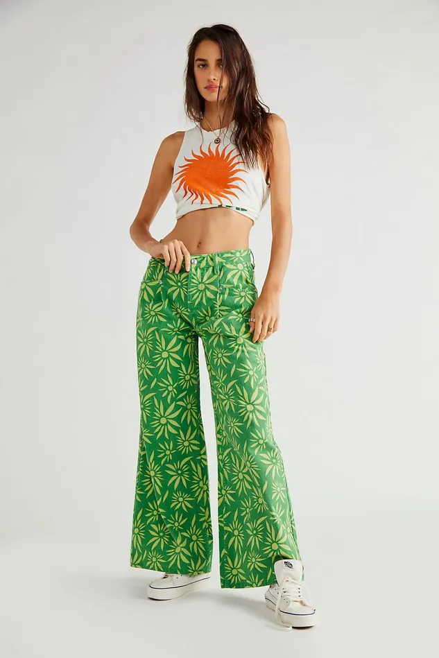 Women Printed Jeans Free People Oversized Slouchy Printed Jeans Lime Combo