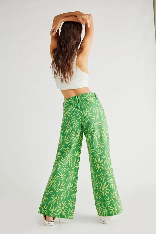 Women Printed Jeans Free People Oversized Slouchy Printed Jeans Lime Combo
