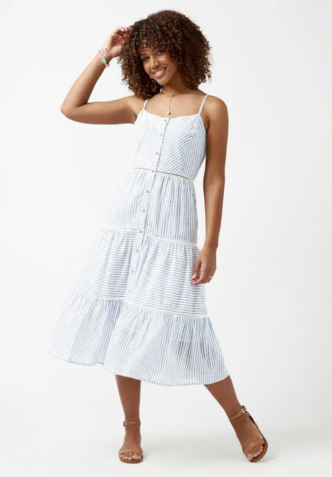 Women Quinby Tiered Stripe Dress Blue Buffalo David Bitton Dresses and Jumpsuits