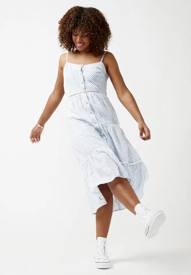 Women Quinby Tiered Stripe Dress Blue Buffalo David Bitton Dresses and Jumpsuits