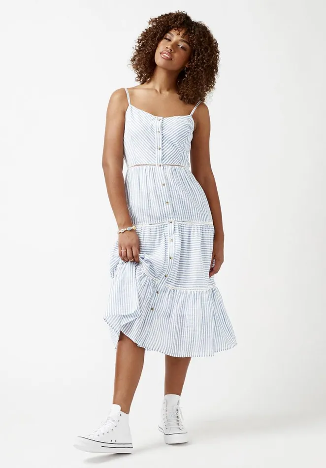 Women Quinby Tiered Stripe Dress Blue Buffalo David Bitton Dresses and Jumpsuits