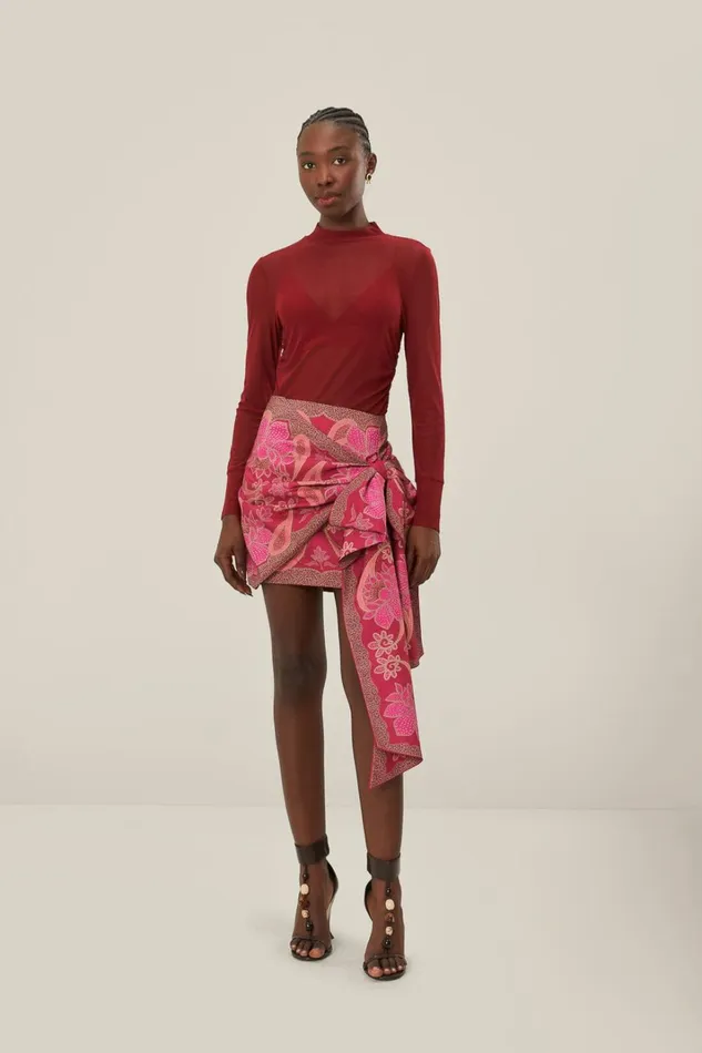 Women Red Floral Glam Scarf Tie Gathering Mini Skirt Floral Glam Scarf Red FARM Rio Skirts Women Red Floral Glam Scarf Tie Gathering Mini Skirt Floral Glam Scarf Red FARM Rio Skirts