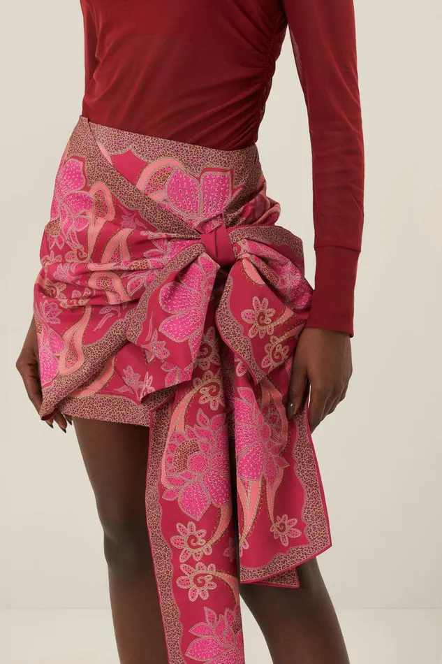 Women Red Floral Glam Scarf Tie Gathering Mini Skirt Floral Glam Scarf Red FARM Rio Skirts
