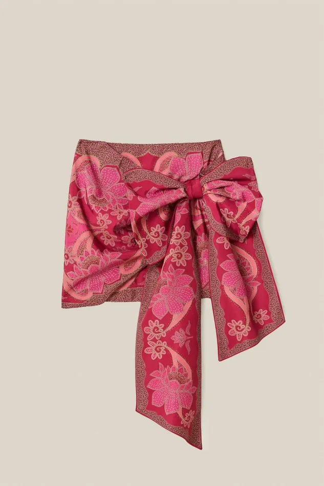 Women Red Floral Glam Scarf Tie Gathering Mini Skirt Floral Glam Scarf Red FARM Rio Skirts