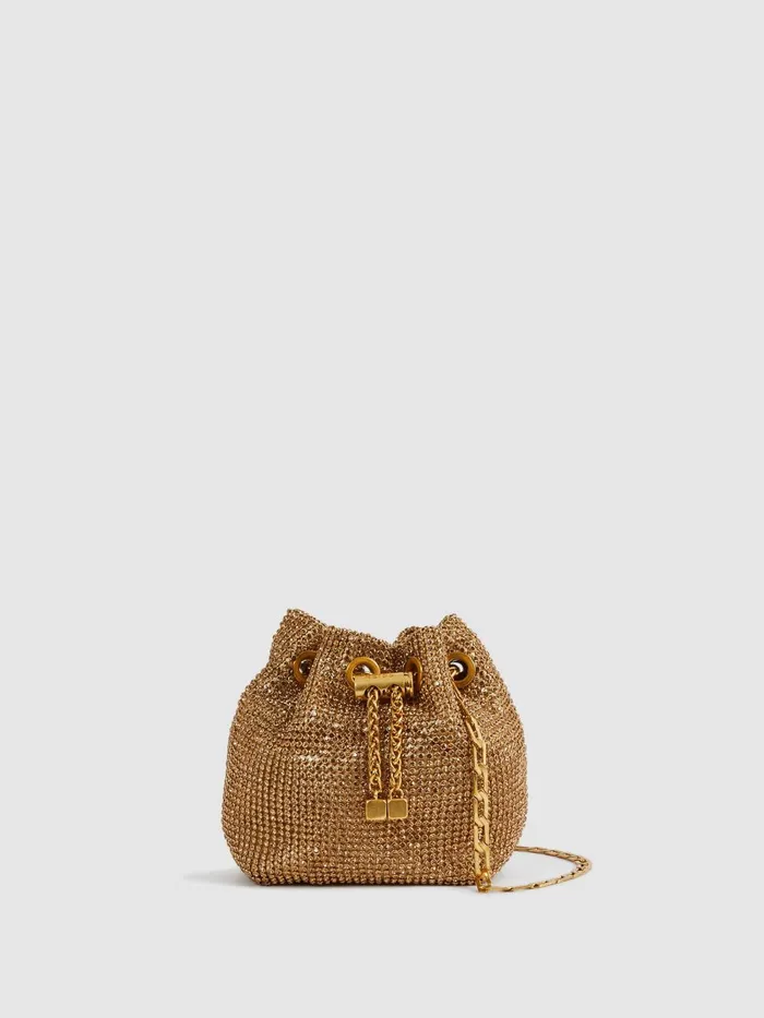 Women Reiss Bags Demi Crystal Mini Bucket Bag Gold