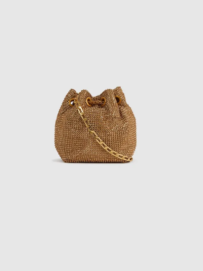 Women Reiss Bags Demi Crystal Mini Bucket Bag Gold