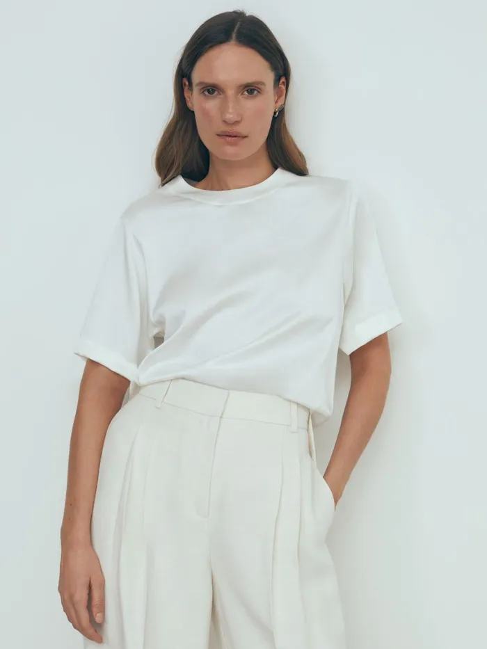 Women Reiss Blouses and Shirts Enid Satin Crew Neck Blouse Ivory