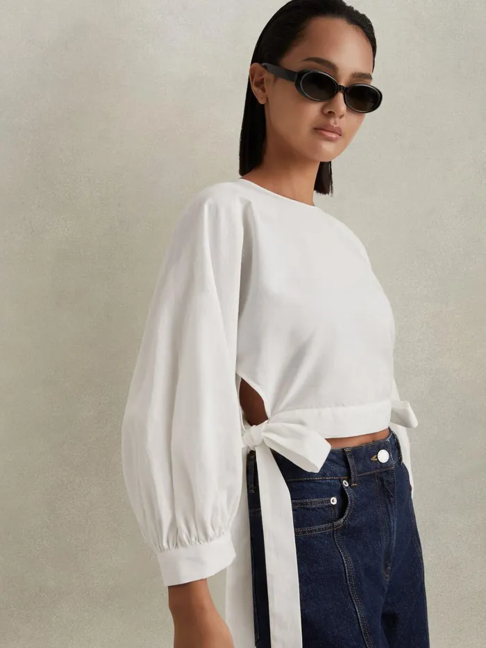 Women Reiss Blouses and Shirts Immy Cropped Blouson Sleeve Top Ivory