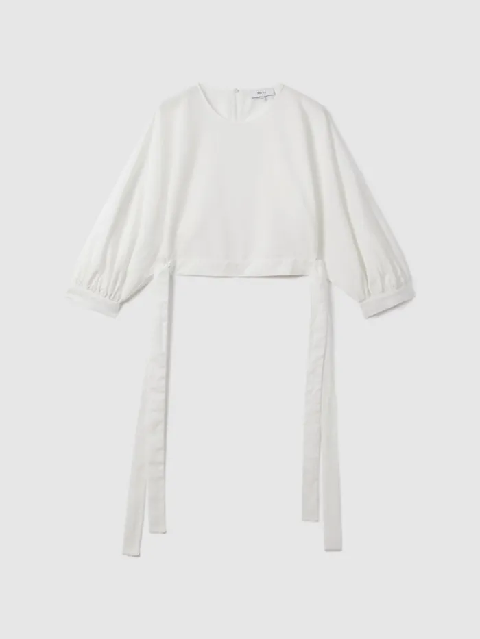Women Reiss Blouses and Shirts Immy Cropped Blouson Sleeve Top Ivory
