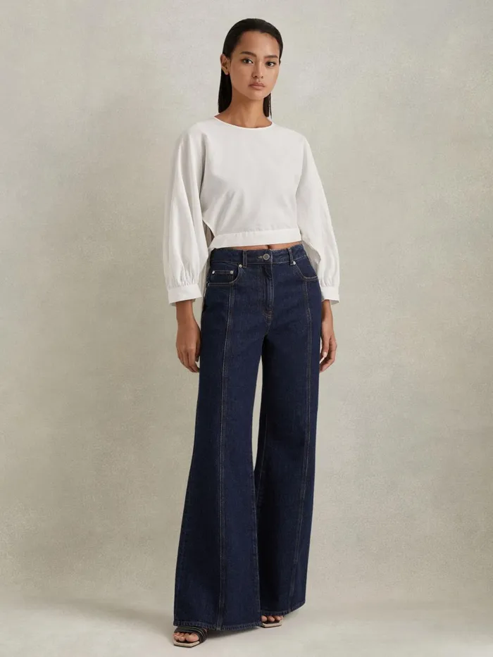 Women Reiss Blouses and Shirts Immy Cropped Blouson Sleeve Top Ivory
