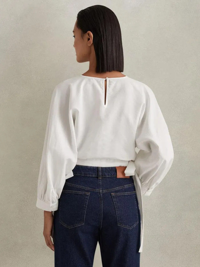 Women Reiss Blouses and Shirts Immy Cropped Blouson Sleeve Top Ivory