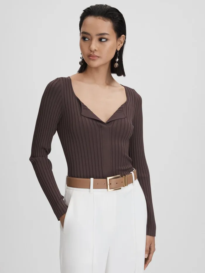Women Reiss Blouses and Shirts Monica Ribbed Open Collar Top Burgundy
