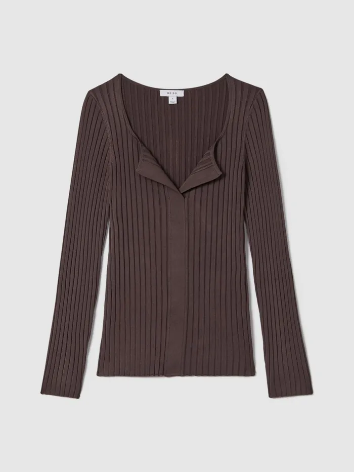 Women Reiss Blouses and Shirts Monica Ribbed Open Collar Top Burgundy