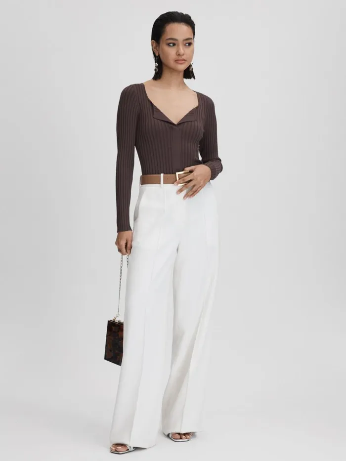 Women Reiss Blouses and Shirts Monica Ribbed Open Collar Top Burgundy