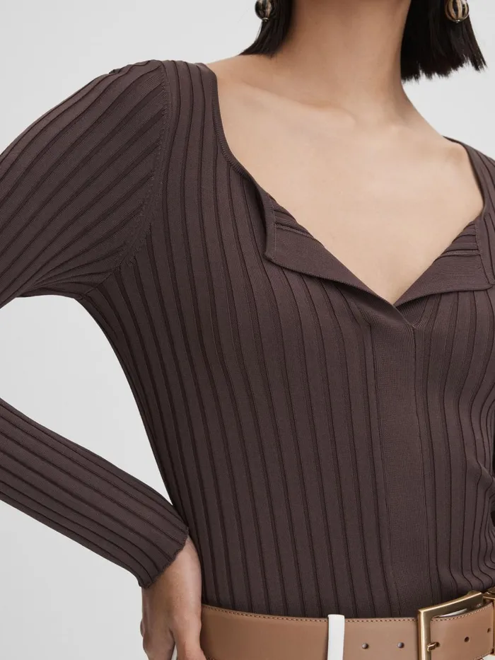 Women Reiss Blouses and Shirts Monica Ribbed Open Collar Top Burgundy
