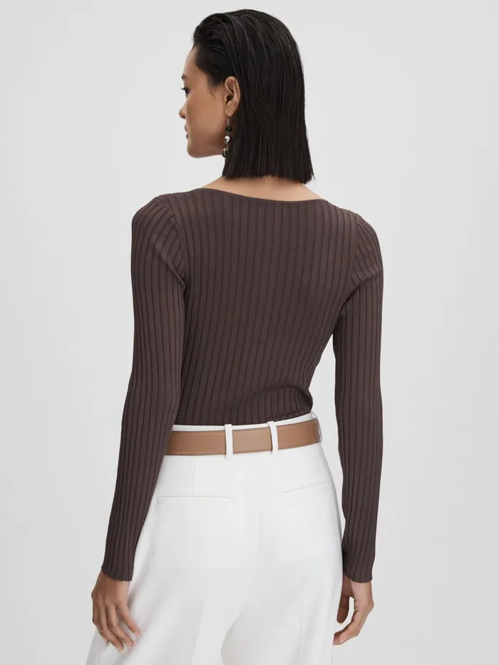Women Reiss Blouses and Shirts Monica Ribbed Open Collar Top Burgundy