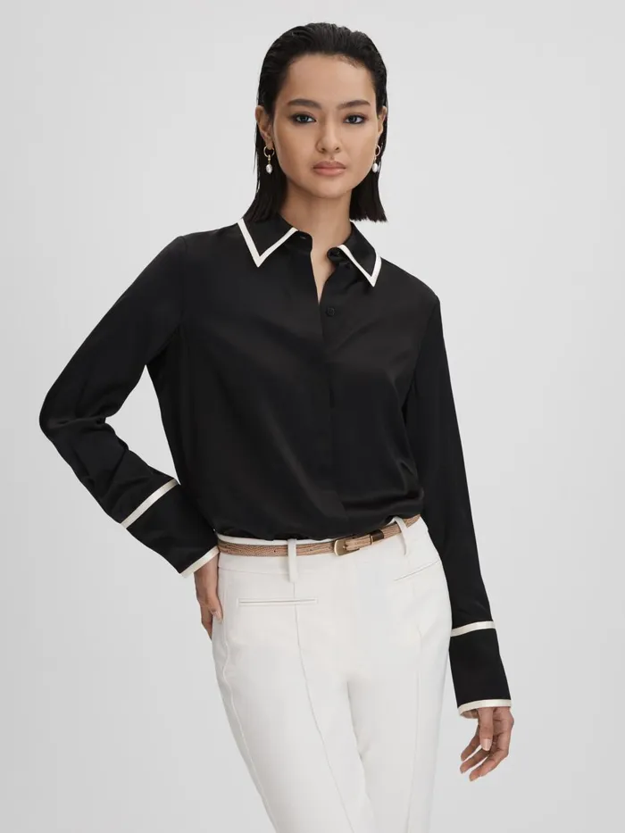 Women Reiss Blouses and Shirts Murphy Silk Contrast Trim ButtonThrough Shirt Black