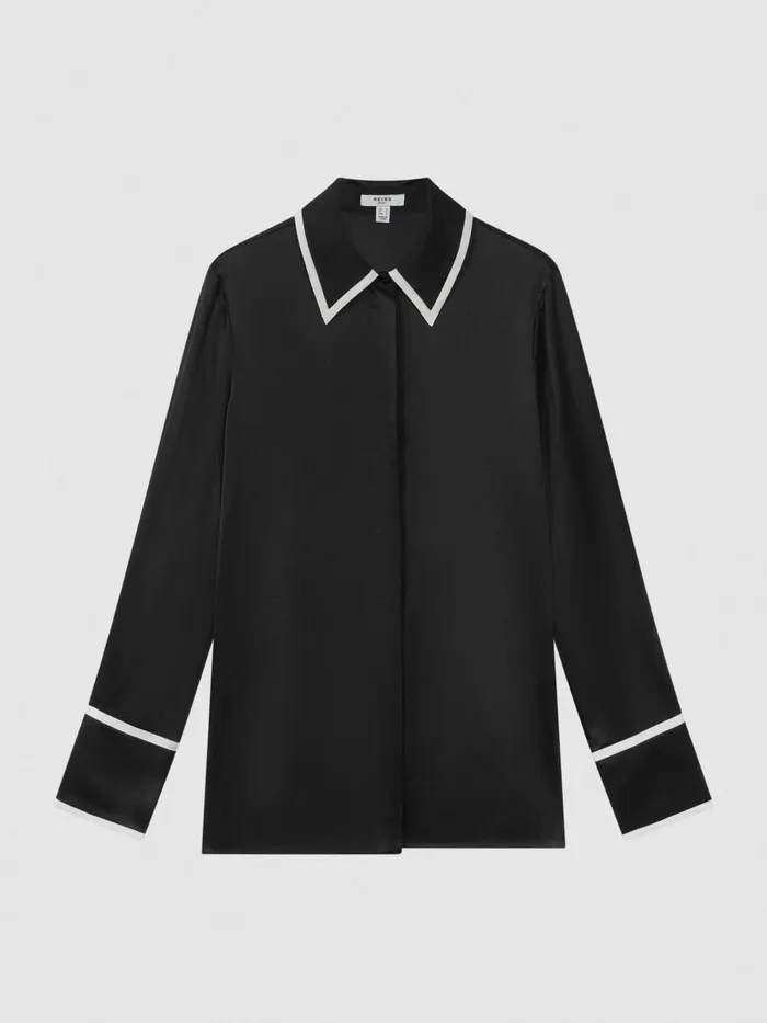 Women Reiss Blouses and Shirts Murphy Silk Contrast Trim ButtonThrough Shirt Black
