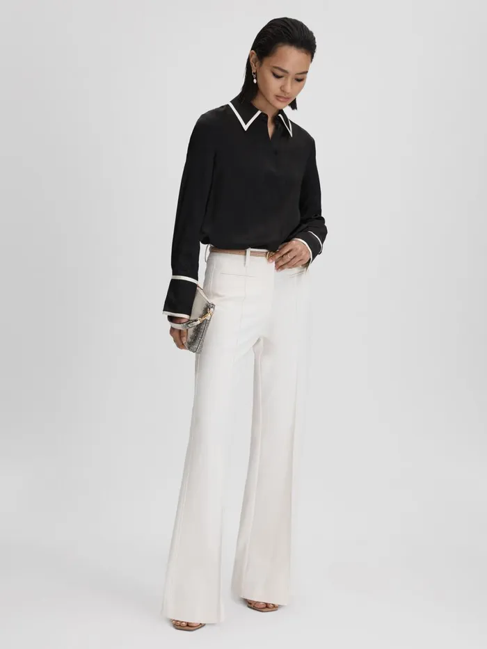 Women Reiss Blouses and Shirts Murphy Silk Contrast Trim ButtonThrough Shirt Black