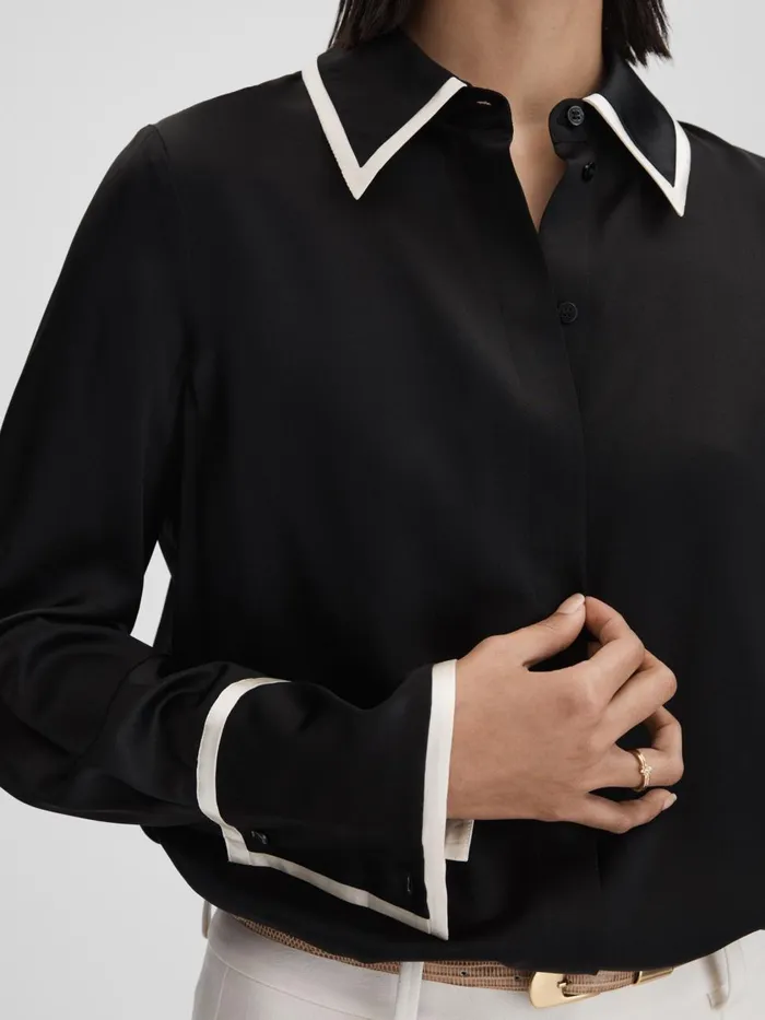 Women Reiss Blouses and Shirts Murphy Silk Contrast Trim ButtonThrough Shirt Black