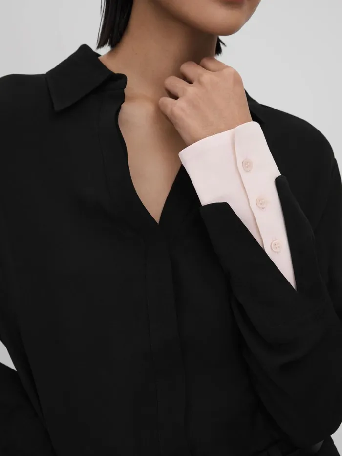 Women Reiss Blouses and Shirts Nila Contrasting ButtonThrough Shirt Blacknude