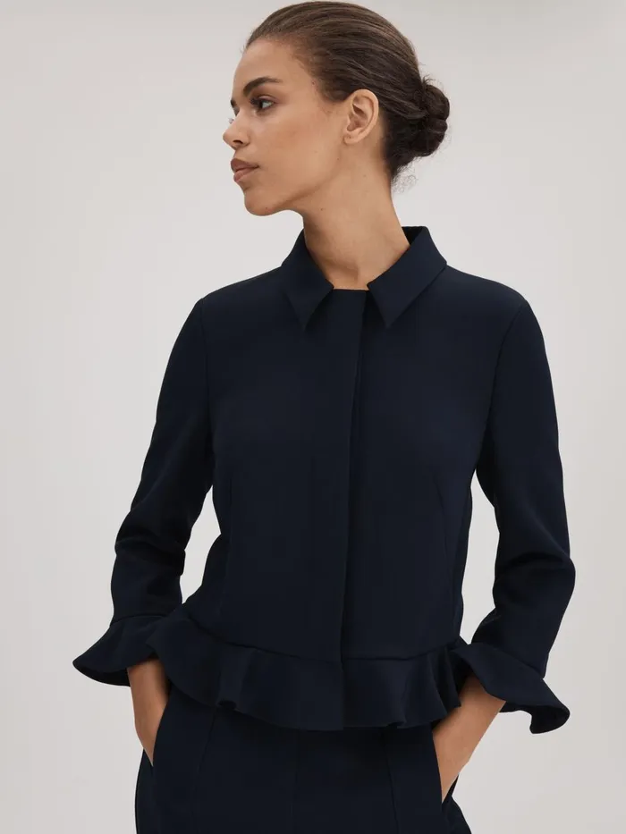 Women Reiss Brands Crepe Ruffle Jacket Navy